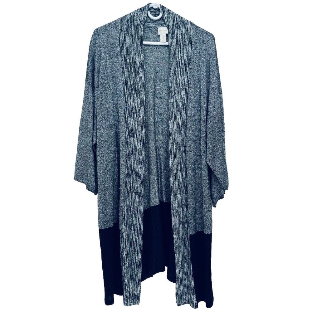 Chicos Sweater Cardigan Sz 2 Black Gray Knit Midi Kimono Open Front Casual - Picture 1 of 9